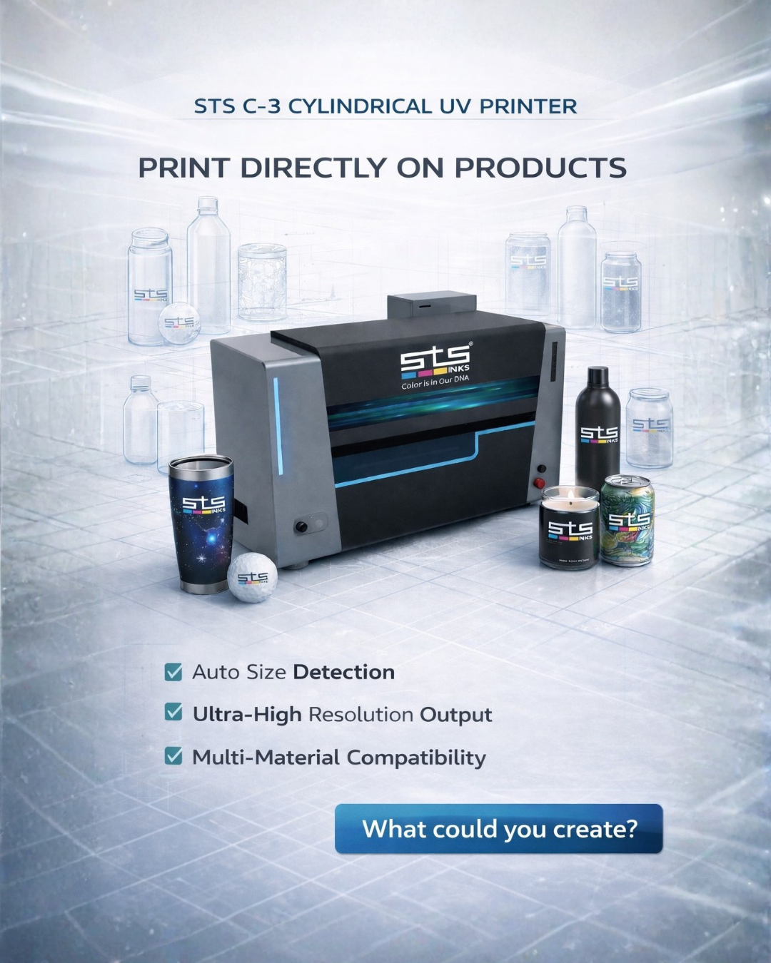 STS C-3 Cylindrical UV Printer with custom printed drinkware